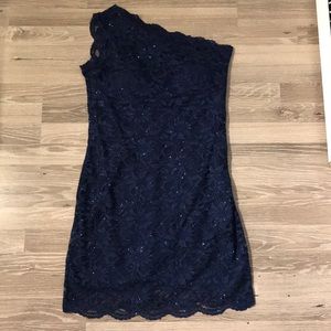 Navy blue lacy one shoulder dress by Roz &Ali